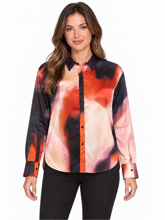 Lysse Tops - Lysse Satin Tie-Dye Button-Down Shirt in Red, Black & Pink